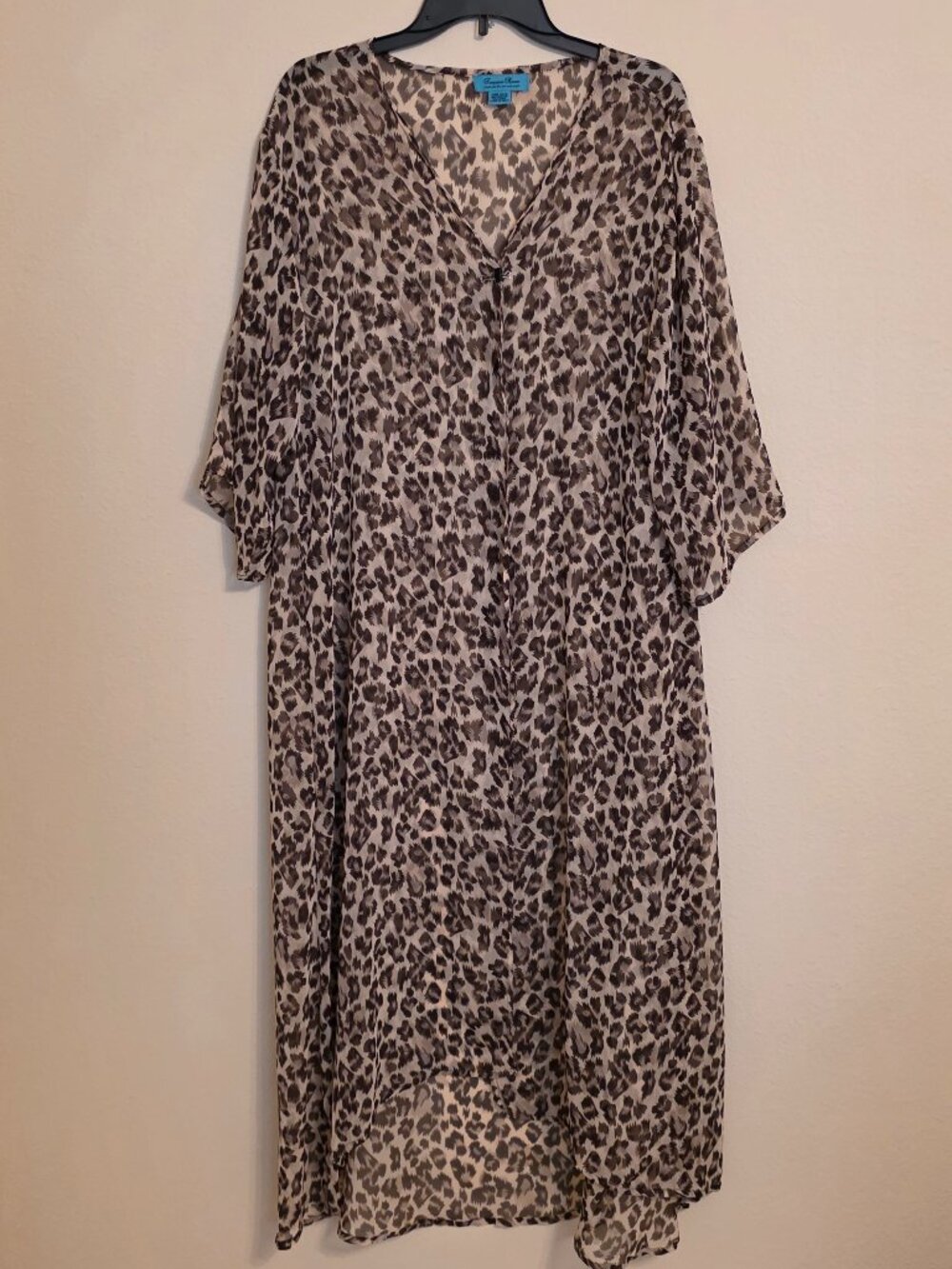Long Open Front Semi Sheer Leopard Beach Cover Up Size L